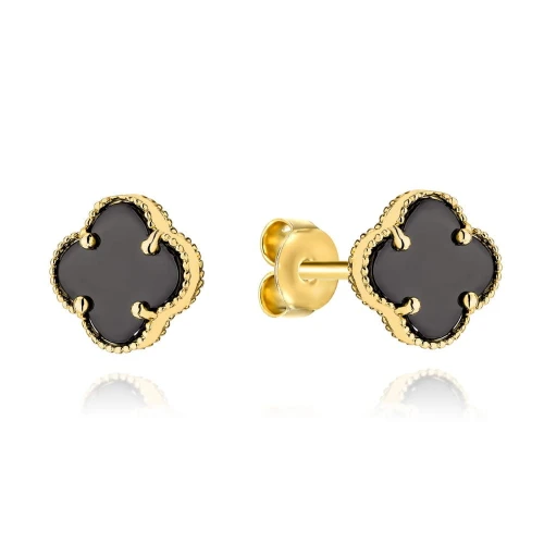 Kolczyki złote czarna koniczynka w oprawie złota 