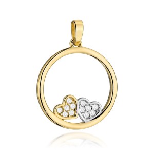 Zawieszka złota ring z dwoma serduszkami i cyrkoniami 