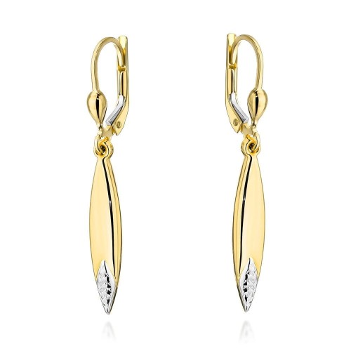 Kolczyki złote sople z diamentowaniem w dwóch kolorach złota 