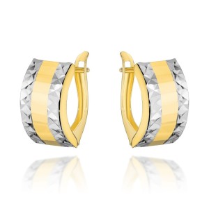 Kolczyki złote szerokie z diamentowaniem w dwóch kolorach złota