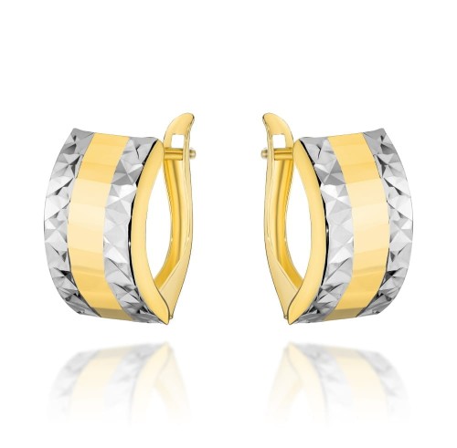 Kolczyki złote szerokie z diamentowaniem w dwóch kolorach złota