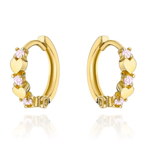 Kolczyki złote serduszka z różowymi cyrkoniami na kreolu 