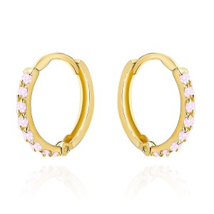 Kolczyki złote kółka z różowymi kamieniami 