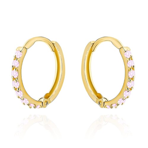 Kolczyki złote kółka z różowymi kamieniami 