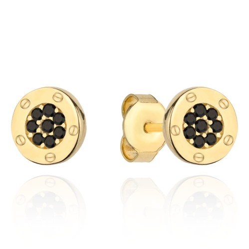 Kolczyki złote kółeczka z czarnym kamieniem i zdobieniem