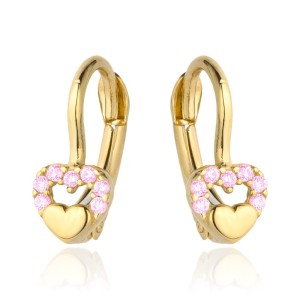 Kolczyki złote wypukłe serduszko w sercu z różowych cyrkonii