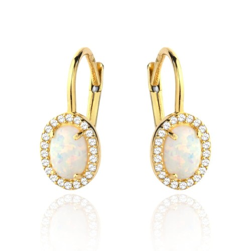 Kolczyk złoty Opal owalny otoczony cyrkoniami 