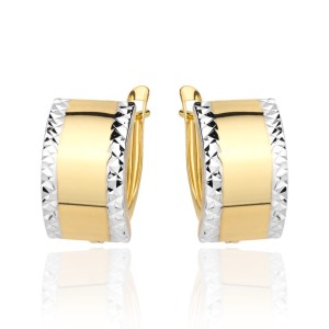 Kolczyki złote szerokie diamentowane na obu brzegach dwa kolory złota