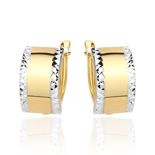 Kolczyki złote szerokie diamentowane na obu brzegach dwa kolory złota