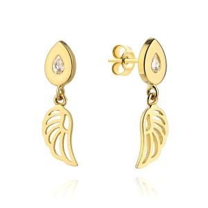 Kolczyki złote skrzydełko zawieszone na łezce z cyrkonią