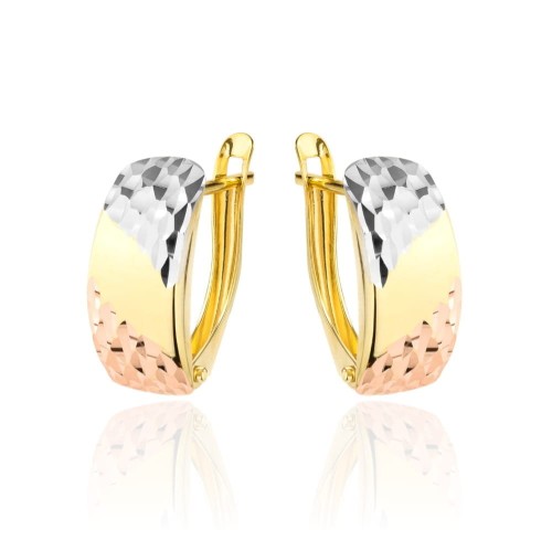 Kolczyki złote prostokąt częściowo diamentowany trzy kolory złota