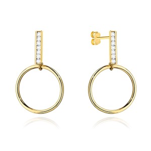 Kolczyki złote kółko zawieszone na pręciku z cyrkoniami 