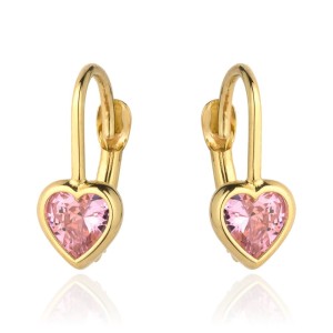 Kolczyki złoty kontur serca i różowy kamień