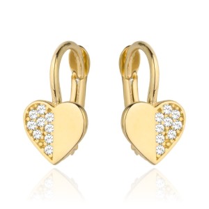 Kolczyki złote serduszko pół gładkie pół z cyrkonii 