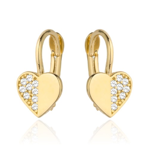 Kolczyki złote serduszko pół gładkie pół z cyrkonii 