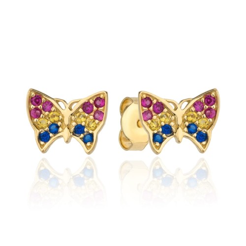 Kolczyki złoty motylek wysadzany kolorowymi cyrkoniami 