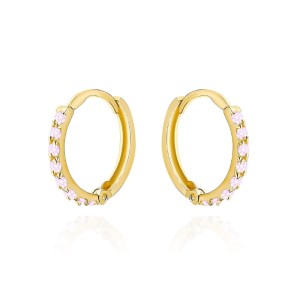 Kolczyki złote kółeczka z różowymi kamieniami 