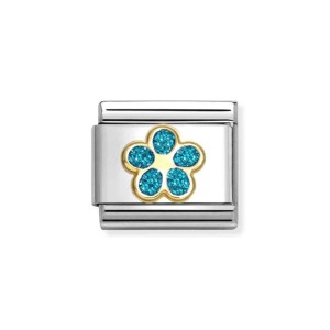 Element Link Nomination Composable Gold Kwiatek z Turkusowym Brokatem 030220/16
