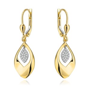 Kolczyki złote wiszące listki z cyrkoniami 