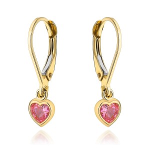 Kolczyki złote z wiszącym różowym sercem 