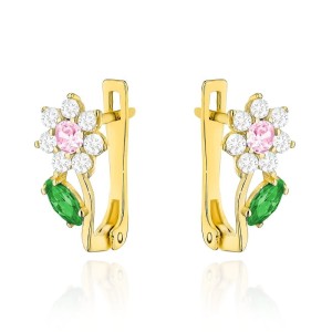 Kolczyki złote kwiatki z różową i zieloną cyrkonią