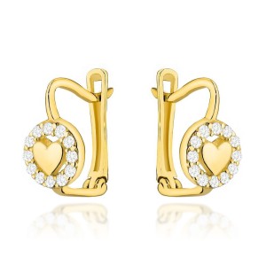 Kolczyki złote serduszko w oprawie cyrkonii na angielskim zapięciu