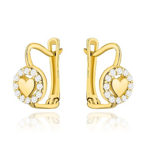 Kolczyki złote serduszko w oprawie cyrkonii na angielskim zapięciu