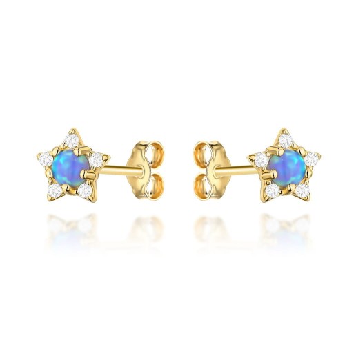 Kolczyki złote gwiazdki z cyrkoniami i kamień opalit 