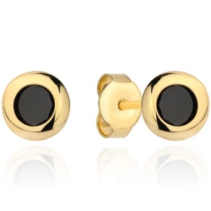 Złote kolczyki na sztyfcie czarny kamień w gładkiej oprawie
