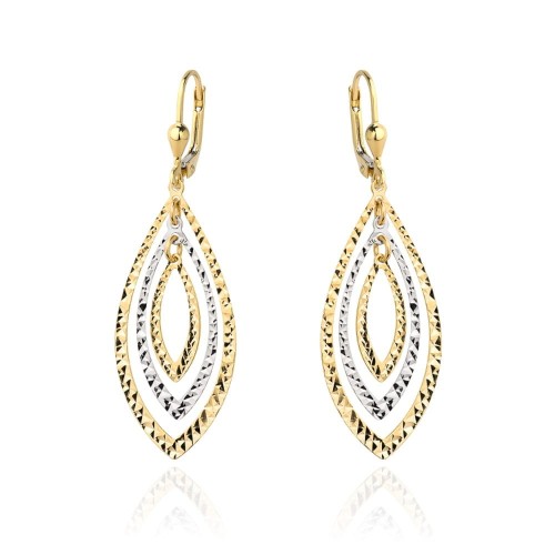 Kolczyki złote listki diamentowane z białym złotem 