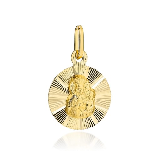 Medalik złoty Matka Boska Częstochowska w kółku z promieniami 
