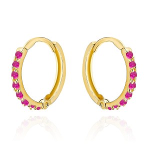 Kolczyki złote kółeczko wysadzane kamieniami w kolorze fuksji 