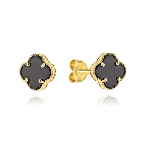 Kolczyki złote z czarną koniczynką 6 mm 