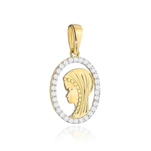 Medalik złoty owal zdobiony cyrkoniami z wizerunkiem Matki Boskiej 