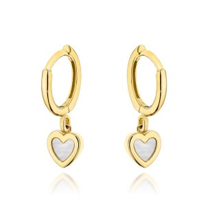 Kolczyki złote kółeczko z wiszącym serduszkiem z masą perłową