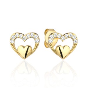 Kolczyki złote gładkie serduszko w sercu z cyrkonii 