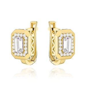 Kolczyki złote z kwadratowym kamieniem i cyrkoniami na angielskim zapięciu 
