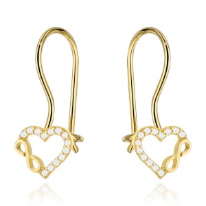 Kolczyki złote serce z cyrkoniami i znakiem nieskończoności na biglu