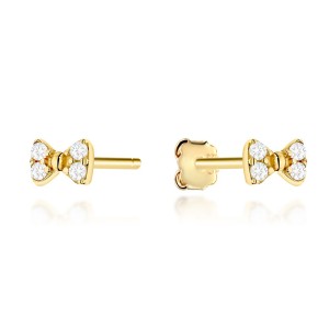 Kolczyki złote kokardki zdobione cyrkoniami na sztyfcie