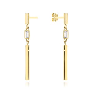 Kolczyki złote wiszące pałeczki z białym kamieniem