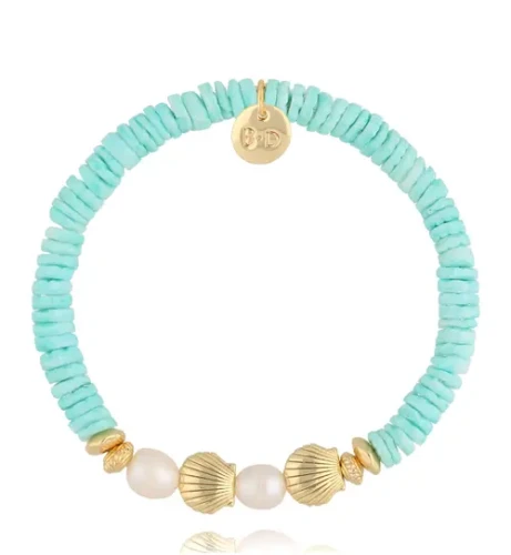 Bransoletka By Dziubeka z zielonymi muszlami i perłami Pearl and Shell BSH0137