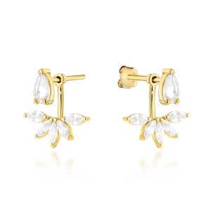 Kolczyki złote listki z cyrkoniami z biżuteryjnym zapięciem