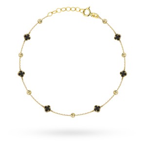 Bransoletka złota z czarnymi koniczynkami i diamentowanymi kulkami 