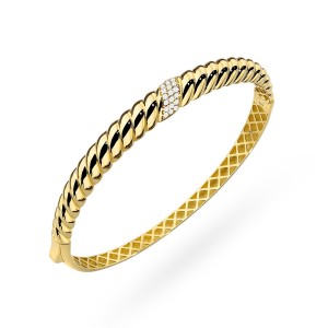 Bransoletka złota sztywna pleciona zdobiona cyrkoniami na środku 