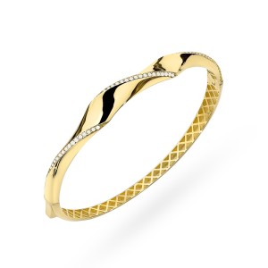 Bransoletka złota sztywna falowana zdobiona cyrkoniami 