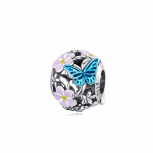 Srebrny charms Ornamo Niebieski Motyl i Kwiatki ORSCC2351